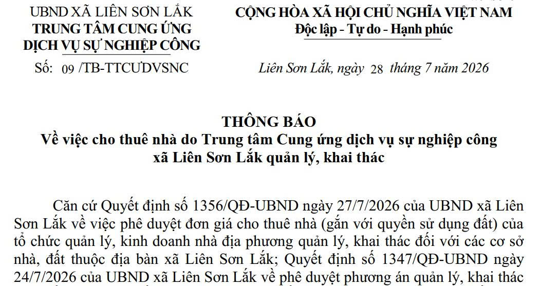 Thông báo về việc cho thuê nhà do Trung tâm Cung ứng dịch vụ sự nghiệp công xã Liên Sơn Lắk quản lý, khai thác