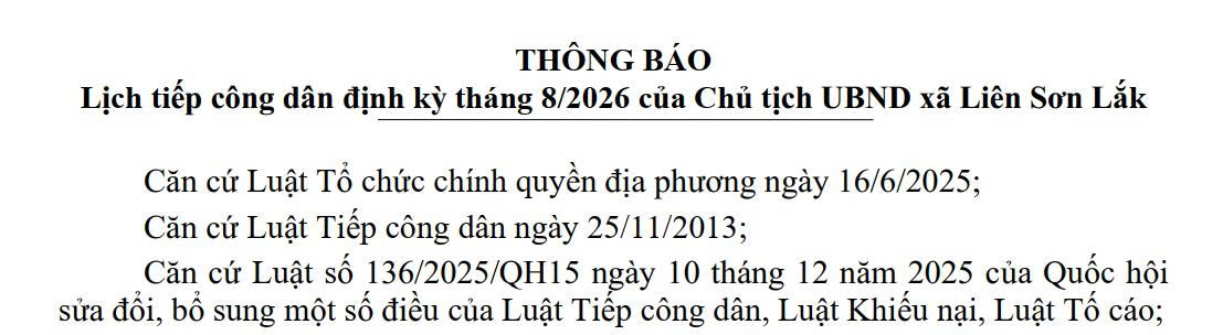 Lịch tiếp công dân định kỳ tháng 8/2026 của Chủ tịch UBND xã Liên Sơn Lắk