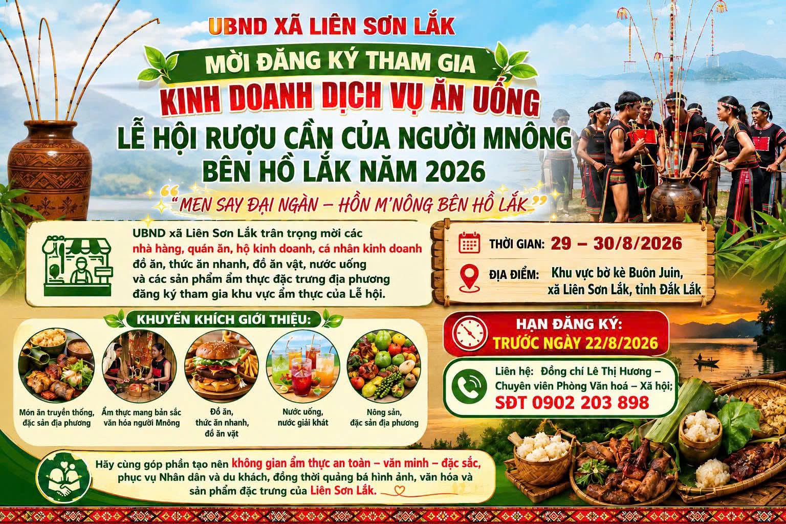 UBND xã kính mời các nhà hàng, quán ăn, hộ kinh doanh, cá nhân kinh doanh đồ ăn, thức ăn nhanh, đồ ăn vặt, nước uống và các sản phẩm ẩm thực đặc trưng địa phương đăng ký tham gia khu vực ẩm thực của Lễ hội