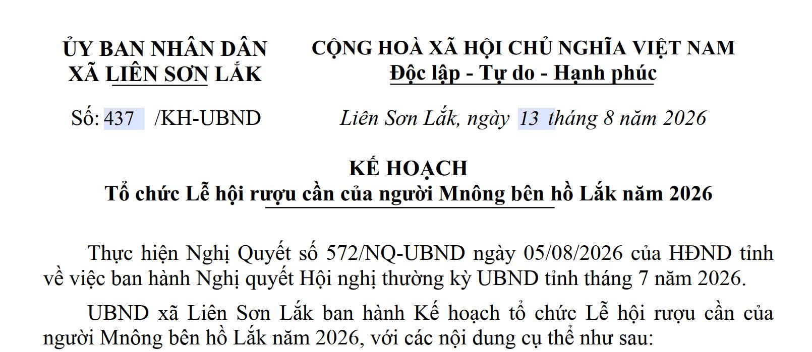 Kế hoạch tổ chức Lễ hội rượu cần của người Mnông bên hồ Lắk năm 2026