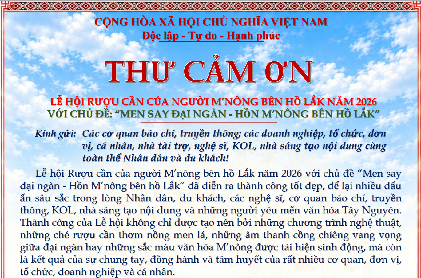 THƯ CẢM ƠN Lễ hội rượu cần của người M’nông bên Hồ Lắk năm 2026