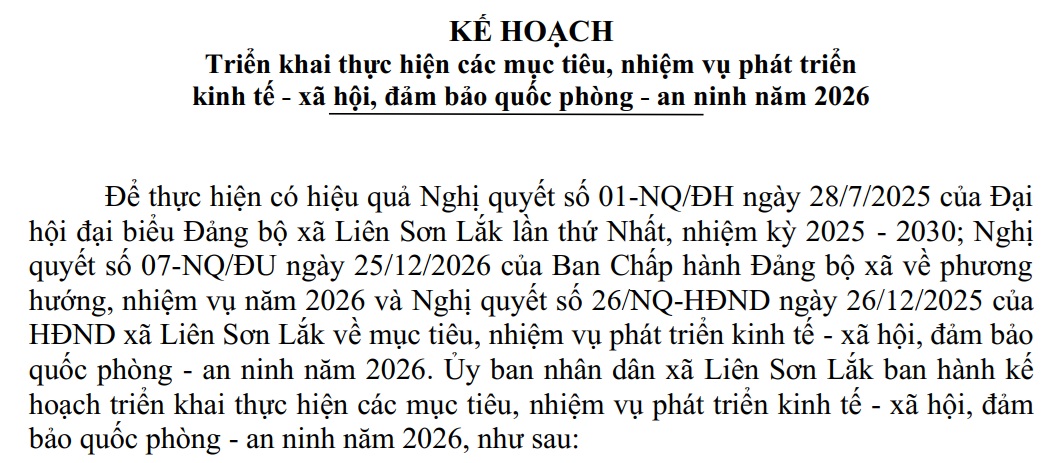 Kế hoạch triển khai thực hiện các mục tiêu, nhiệm vụ phát triển Kinh tê - Xã hội năm 2026