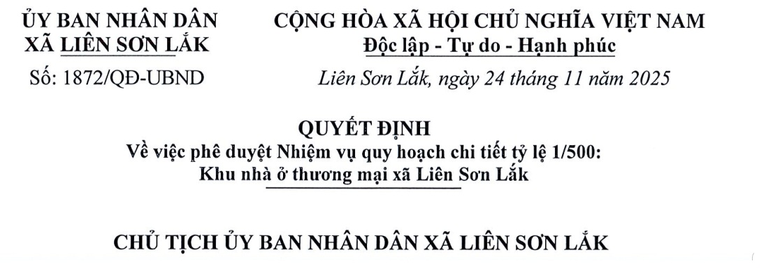 Quyết định phê duyệt nhiệm vụ quy hoạch chi tiết tỉ lệ 1/500: Khu nhà ở thương mại xã Liên Sơn Lắk