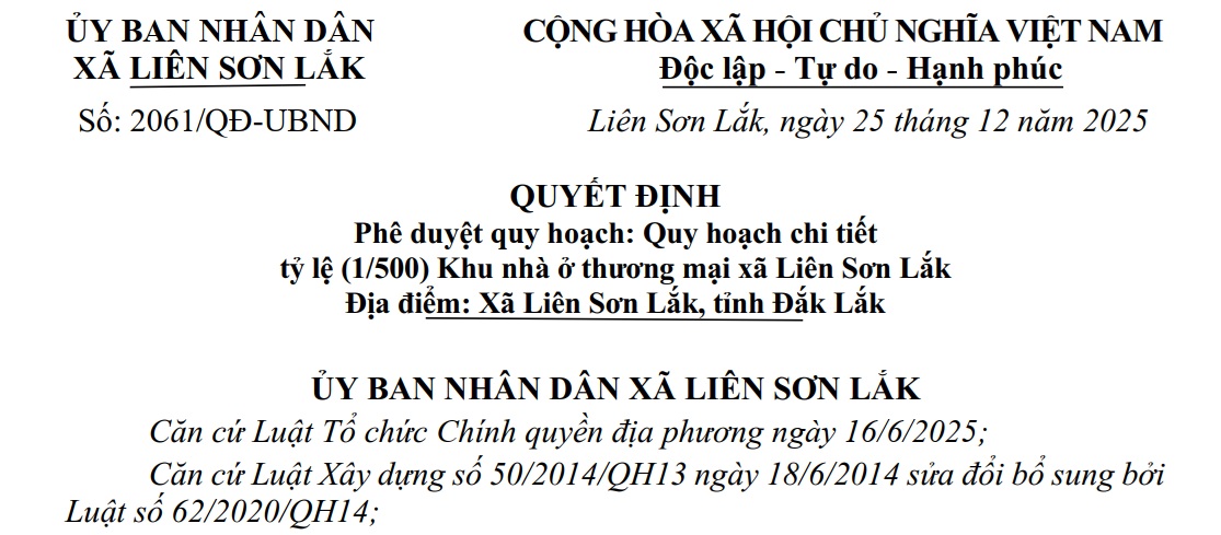 Quyết định phê duyệt Quy hoạch chi tiết tỷ lệ 1/500 Khu nhà ở thương mại xã Liên Sơn Lắk