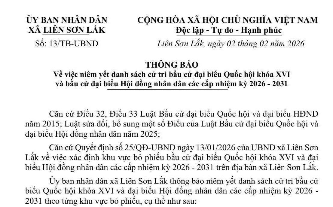 Thông báo niêm yết danh sách cử tri Bầu cử Đại biểu Quốc hội và bầu cử Đại biểu HĐND các cấp nhiệm kỳ 2026 - 2031