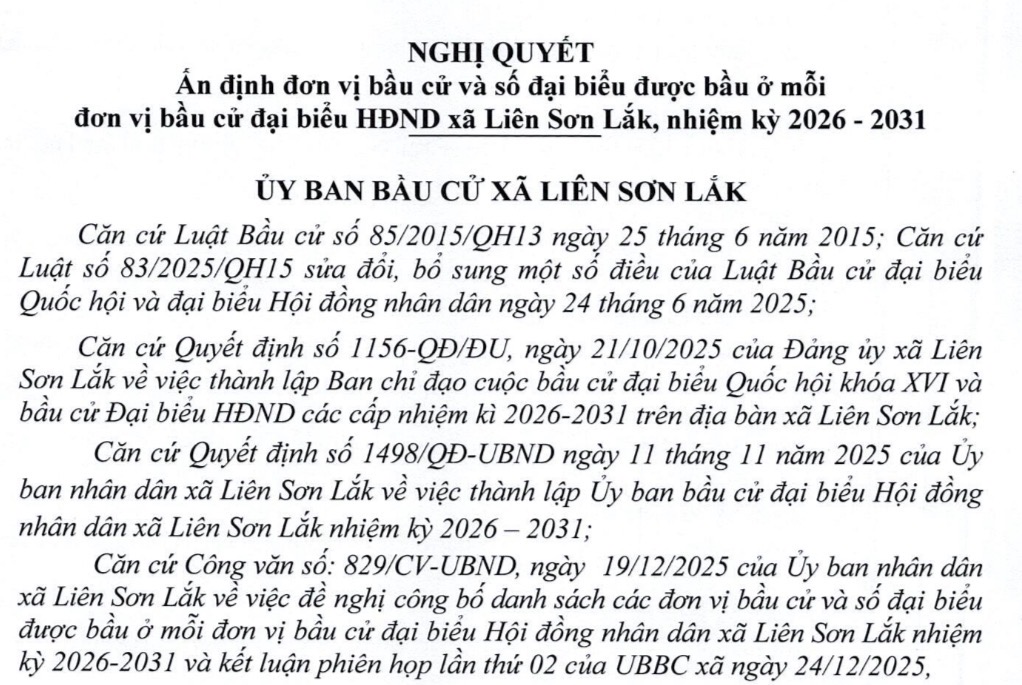 NGHỊ QUYẾT ẤN ĐỊNH ĐƠN VỊ BẦU CỬ VÀ SỐ ĐẠI BIỂU ĐƯỢC BẦU Ở MỖI ĐƠN VỊ BẦU CỬ ĐẠI BIỂU HĐND XÃ LIÊN SƠN LẮK